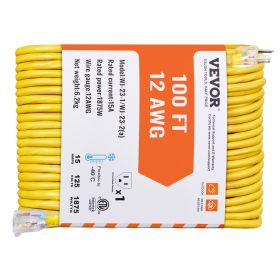 VEVOR 100FT Heavy Duty Extension Cord, 12AWG 15Amps 1875W, 3 Prongs Indoor Outdoor Electric Cord with Lighted End