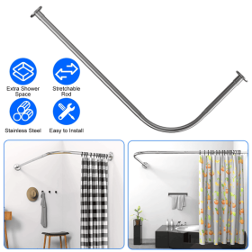 Curved Shower Rod L - Shaped Stainless Steel, Adjustable Stretchable Shower Curtain Rod for Bathroom