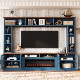 U-Can 95.5 W Wall Unit Entertainment Center With Bookshelves For TVs Up To 80, Modern TV Stand Media Console With Electric Fireplace  Cabinets, (Option: Navy blue)