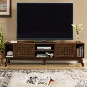 67.9 Inch Mid Century Modern Rattan TV Stand For TVs Up To 75, Entertainment Cabinet, Media Console For Living Room Media Room, Solid Wood Feet (Option: Walnut Brown)
